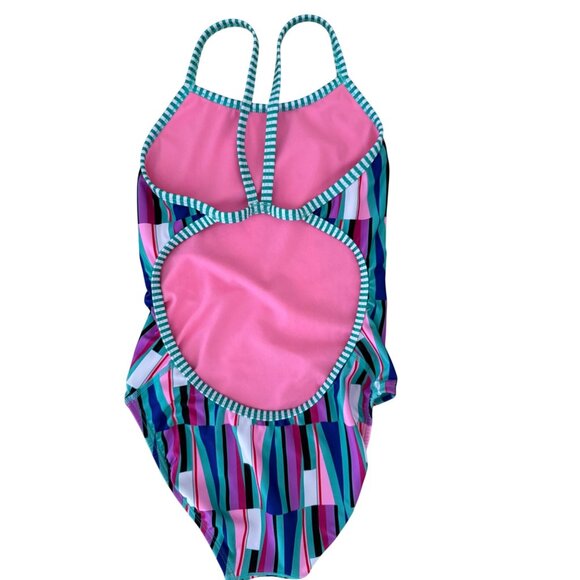 SIZE 28 Dolohin Uglies String Back Geometric Print Pink Green One Piece Swimsuit - Picture 3 of 8